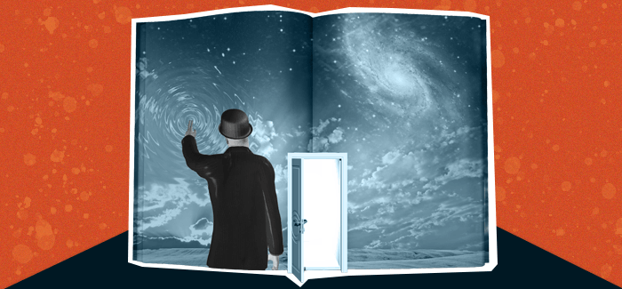 The back of a man's profile pointing out into a universe with galaxies to represent speculative fiction