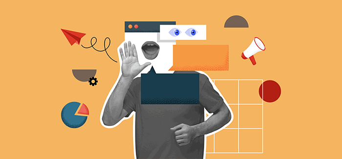 Collage-style photo of a man's body surrounded by speech bubbles, microphones, pie charts, etc. to signify the tools of a brand manager