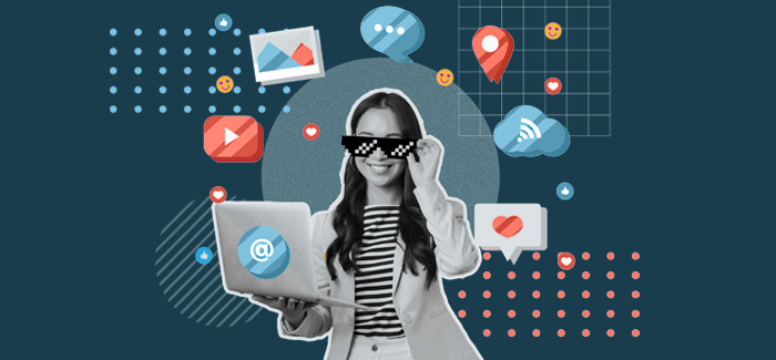  A marketing coordinator with a laptop surrounded by marketing-related icons