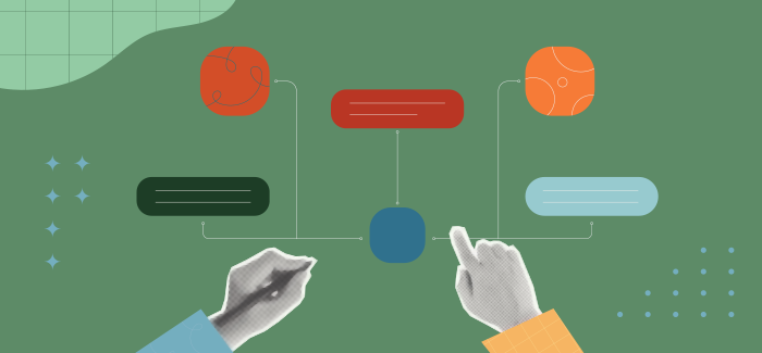 Hands pointing to a flow chart to shows parts of product marketing