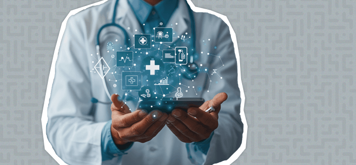A doctor looking at a tablet that is projecting medical symbols to represent artificial intelligence in nursing