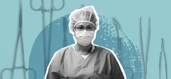 Black and white image of an OR nurse