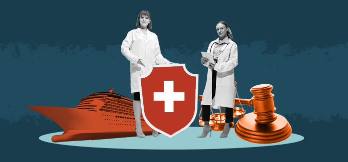 Two nurses with non-traditional nursing jobs standing on a platform holding a shield with a cruise ship and a gavel