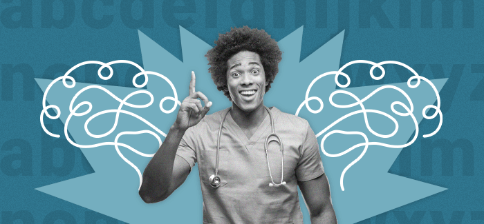 Male nurse studying nursing mnemonics and exclaiming while pointing upwards with doodles of brains and the alphabet in background.