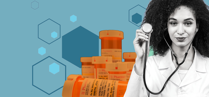 A nurse practitioner holding a stethoscope in front of a background of octagons and pill bottles.