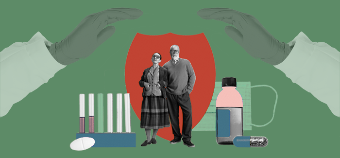 An older couple standing in front of a shield with medical supplies and the hands of a public health nurse creating cover for them