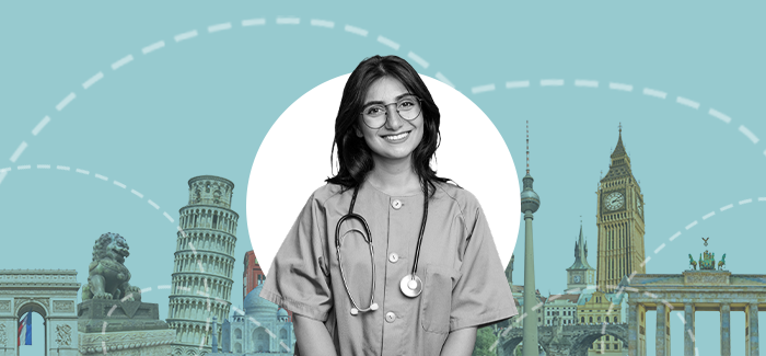 An international nurse smiling in front of world famous locations