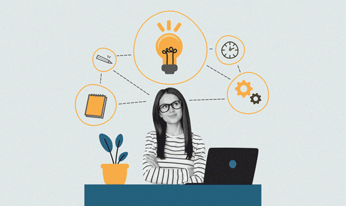 Young woman with thought bubbles above head that show she's thinking about the advantages of online learning vs classroom