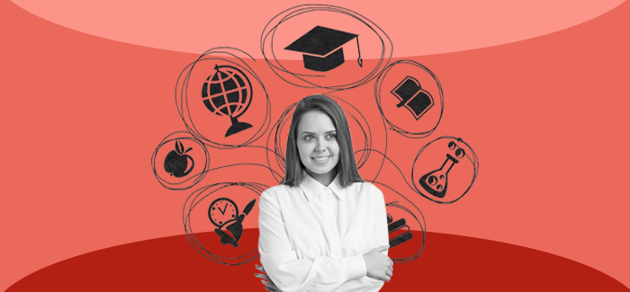 A postdoc students standing with arms crossed while research icons swirl above her head