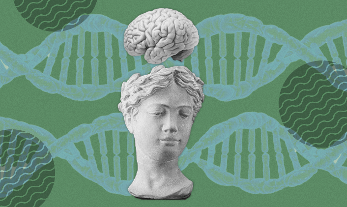 The head of a marble statue with a brain above it to signify asking the question is psychology a science?