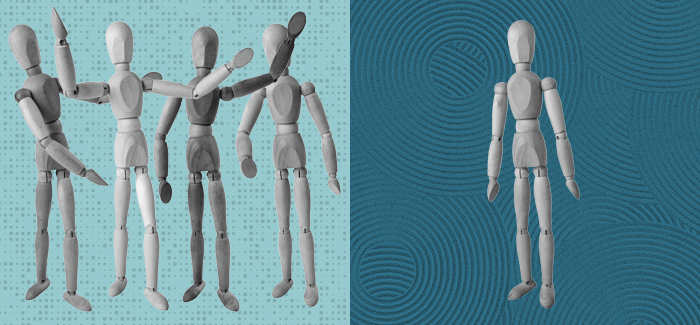 A dual contrast photo with one wooden figure on one side and multiple on the other to represent psychology and sociology