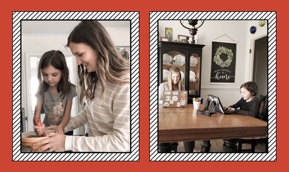 Woman cooking with child and doing homework together to show ways to study at home with your kids