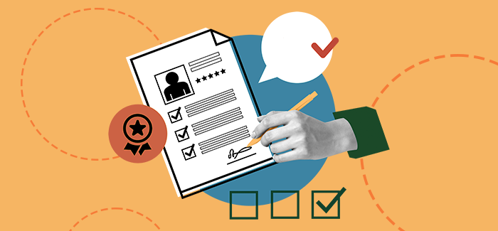 Illustrated hand signs a document to denote the career value of digital badges
