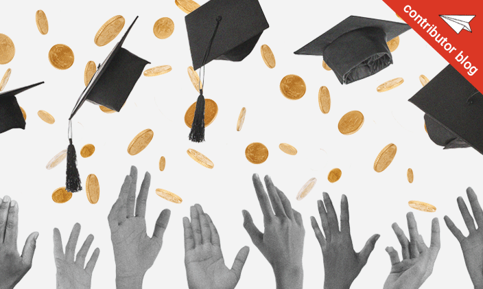 hands reaching up to catch graduation caps and gold coins