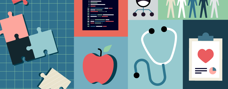 Graphic with puzzle pieces, an apple, a stethoscope and related imagery pertaining to career paths