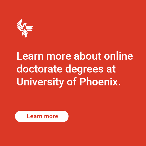Red graphic with white text inviting readers to learn more about doctoral degrees at UOPX