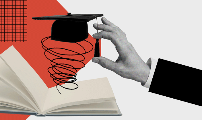 Collage-style art with an open book, a graduate cap and a man's hand