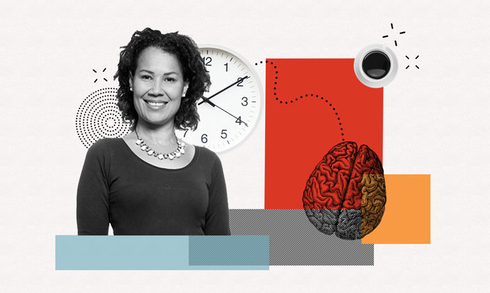 Smiling woman next to graphics of a brain, lock and coffee
