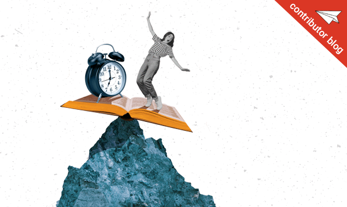 A woman balancing on top of a peaked mountain and book next to a clock