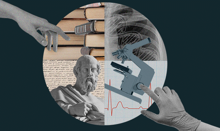 Collage image with books, sculptures, xray, and hands