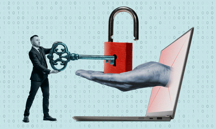 Business man turning a key in a lock coming out of a laptop screen