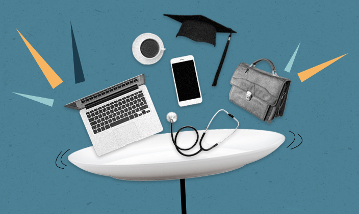 Collage with laptop, phone, cup of coffee, graduation cap, brief case and stethoscope