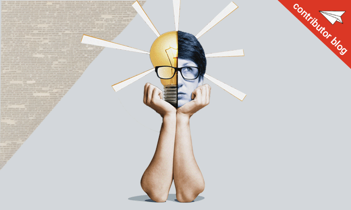 A collage photo of a man and a lightbulb to signify critical thinking