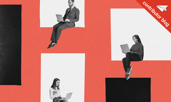 Professionals working at their laptop in their own home, image features a Contributor blog tag to highlight the author