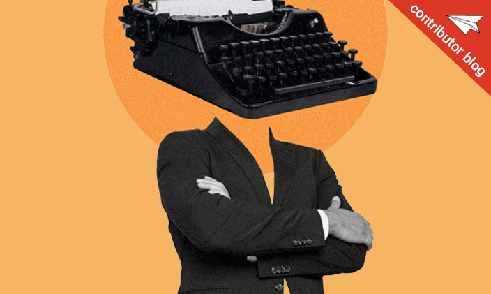 A business's man's body with a typewriter as a head to signify copywriting
