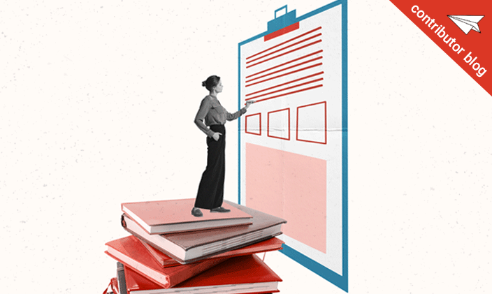Woman standing on stack of books and filling out a giant form