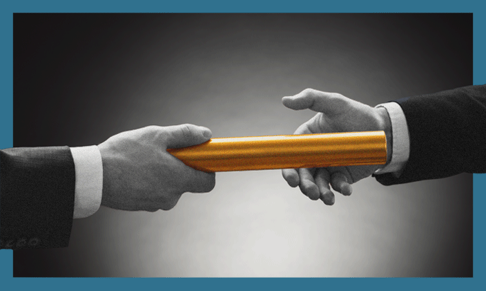 Two sets of hands, one handing off a baton to signify delegating tasks
