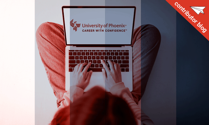 Personal typing at a laptop with "University of Phoenix" on the screen