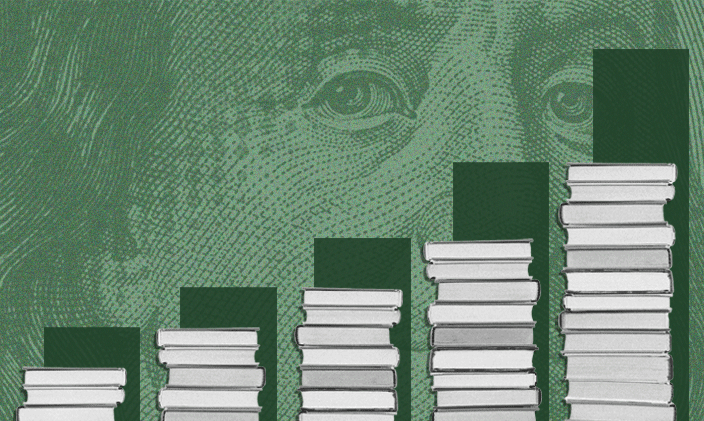 Stacks of books at varying level to represent a graph with a dollar bill backdrop