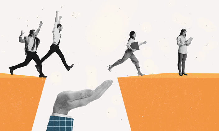People jump over a chasm while a hand below the gap offers symbolic support