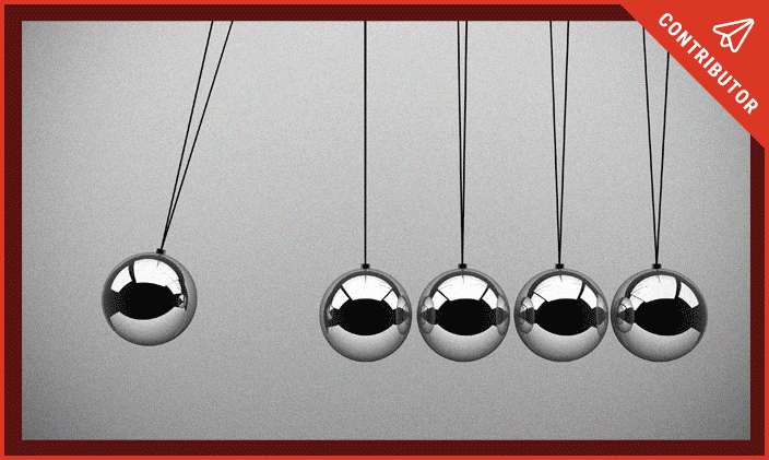 Newton's cradle image with a tag indicating that this blog came from a contributor