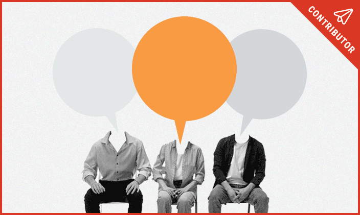 Three headless people with thought bubbles as faces