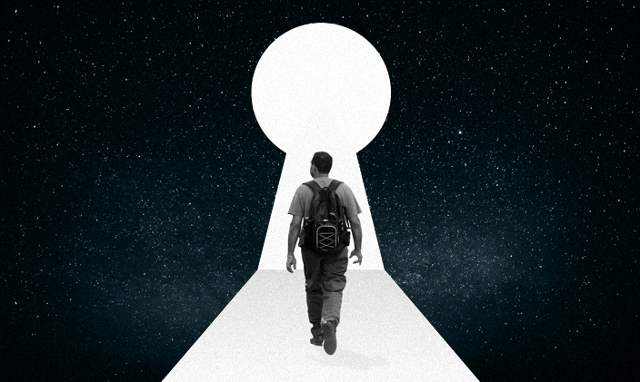 Man wearing backpack and walking toward open keyhole with galaxy background.