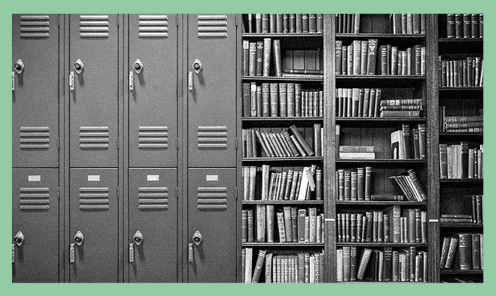 Lockers and books to signify teaching at private vs. public schools