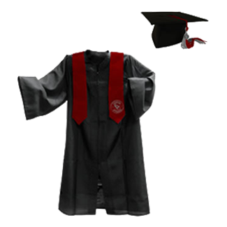 bachelor's regalia showing black gown, satin stole and mortarboard
