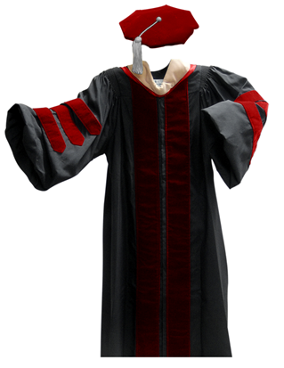 doctoral regalia showing gown, hood and velvet tam