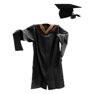 master's regalia showing black gown, master's hood and mortarboard cap