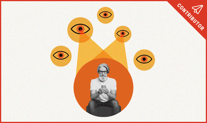 Man being watched by eye symbols