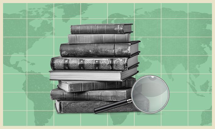 Photo of a stack of books used in education research