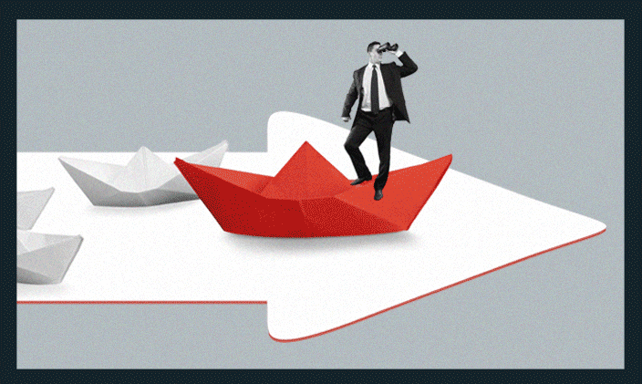 Man holding binoculars while standing on fleet of paper boats to represent looking for job references