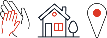 Set of three black and red icons symbolizing childcare, housing and transportation