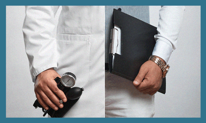 Cropped photo of a male doctors torso, showcasing his outfit, clipboard, and medical tool