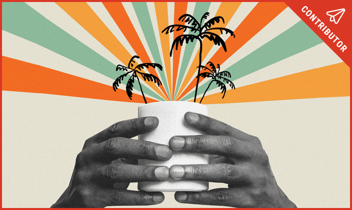 Hands holding up a flower pot filled with palm trees to signify working from anywhere