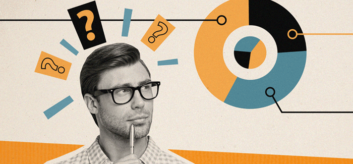 Thoughtful looking man holding pen and looking at pie chart.