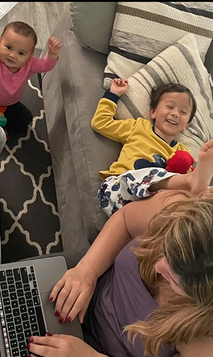 Family snapshot of Lea with her two children while working from home