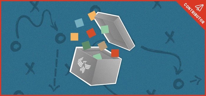 small\ squares flying out of open box with tactical plans in background